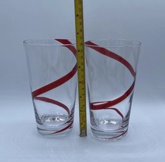 1 Pier Set Of 2 Red Swirl Line Tumbler Glass Highball Hi Ball Hand blown Glasses
