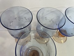 Footed Blue/Pink Etched Leaf Water Glasses/Goblets – Set of 4 – MINT