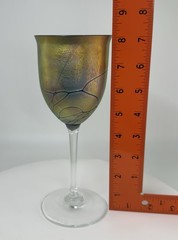 Steven Maslach 1979 Signed Studio Art Glass Goblet Iridescent Gold Cobalt 8″