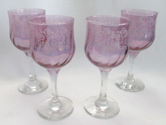 Set of 4 Cristalleria Fumo Cranberry Etched Swirl Wine Glasses- Made in Italy