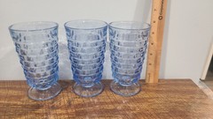 3 Vintage Indiana Glass Whitehall Colony Light Blue Cube 6″ Footed Iced Tea