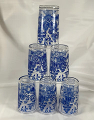 6 Vtg Blue Willow Glass Tumblers Highball Drinking Juice Glasses Stitched Border