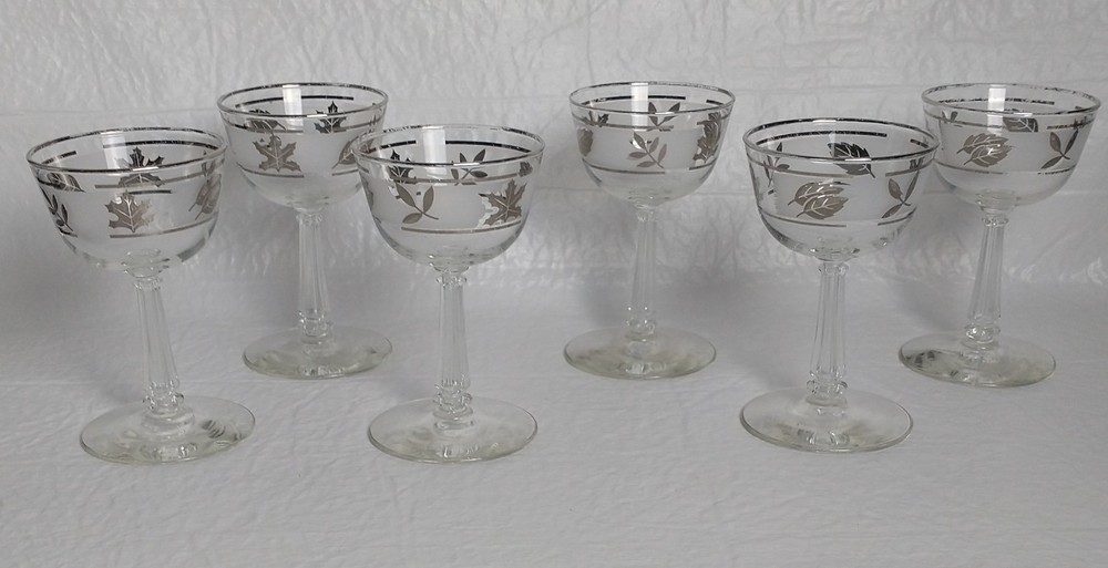 Libby Silver Leaf Frosted Cocktail Champagne Glasses Vintage Set Of 6 Fancy Fall