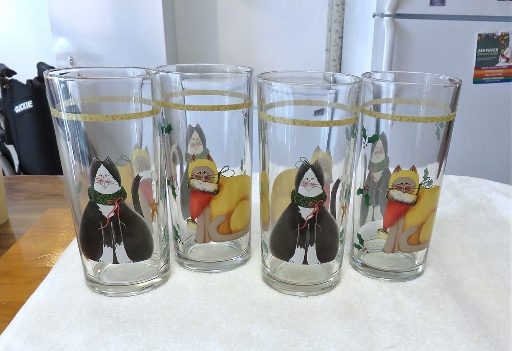 Set of 4 Sakura Table Christmas Cats Highball Glasses 19 oz, 6.75″ tall 1990s