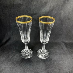 2 OSCAR DE LA RENTA DRESDEN Champagne Flutes GLASSES Crystal 8 1/4” Gold Trim