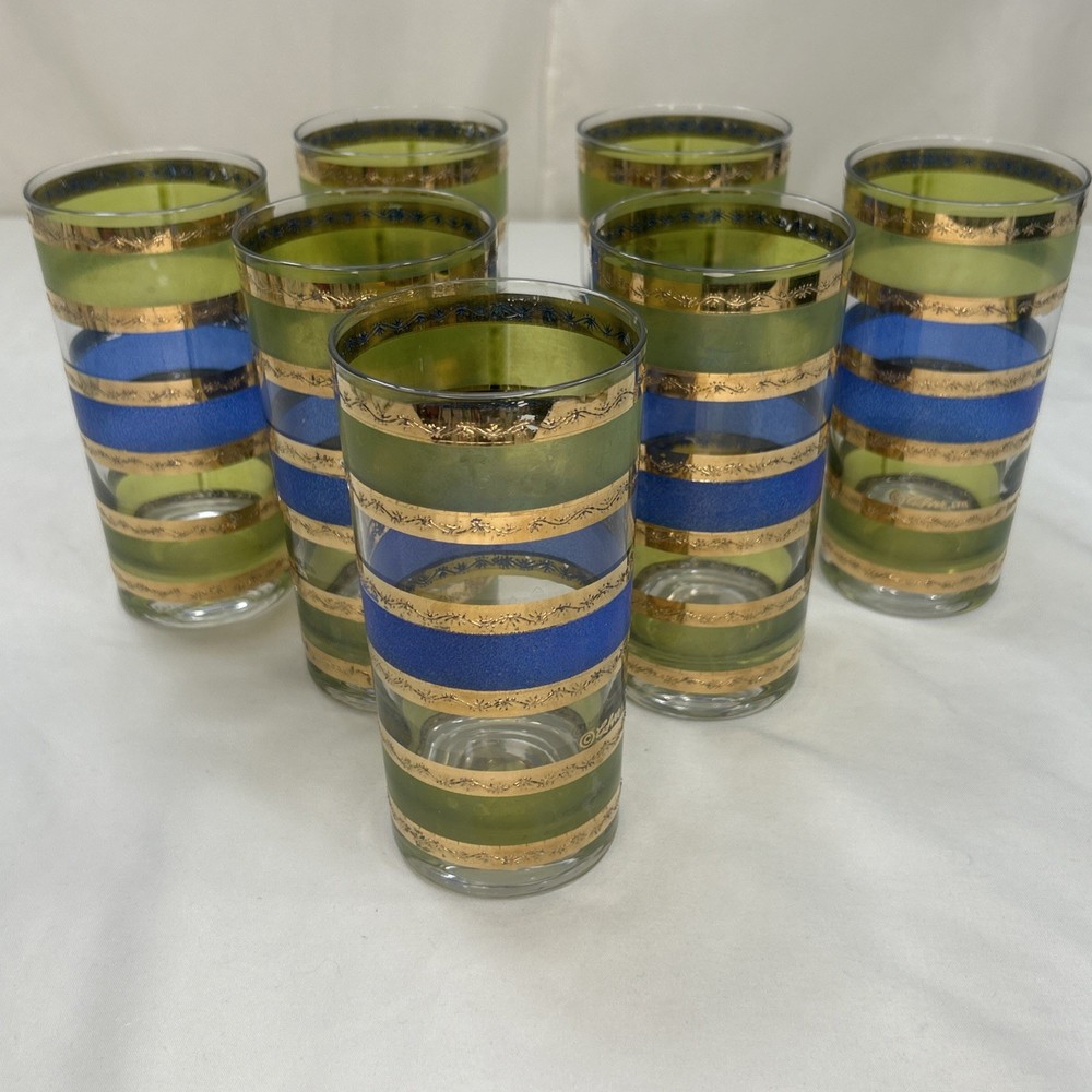 Vintage 7 Culver Rondo Blue Green 22K Gold Banded Barware Highball Glasses Retro