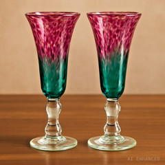 Pink Green Champagne Flutes Stephen Morris Art Glass from Australia – Set of 2