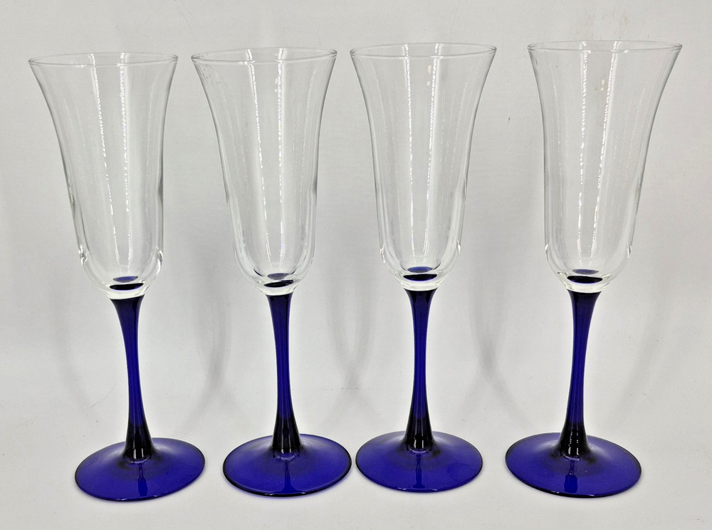 Vintage 4 Luminarc France Cobalt Blue Stem Champagne Flute Wine Glasses 8.5»