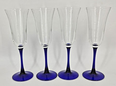 Vintage 4 Luminarc France Cobalt Blue Stem Champagne Flute Wine Glasses 8.5»