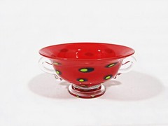 Signed Hand-Blown Art Glass Double-Handled Cup Bowl Red w/ Yellow Polka Dots