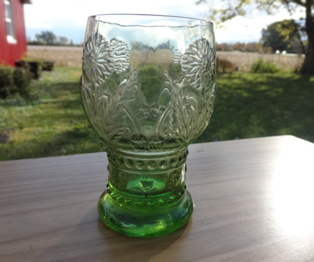 ANTHROPOLOGIE Helianthus Green Glass Water Goblet Floral Flower Glassware 5” H