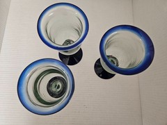 Mexican Hand Blown Trapped Bubbles Water/Wine Goblets Cobalt Rim (3)