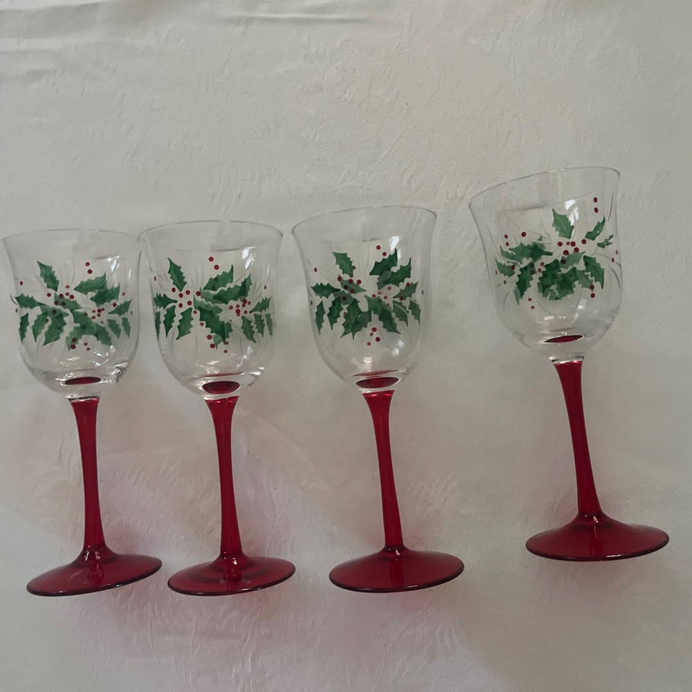 Gorham Set Of 4 10oz «Festive Holly» Christmas Wine Goblets-Crystal-**NEW**