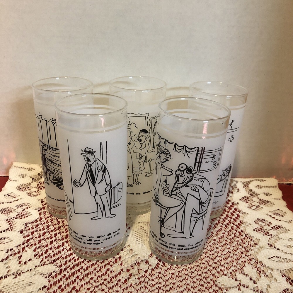Vintage Federal Glass Adult Cartoon Frosted Tumblers-Set Of 5