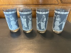 Vintage Mid-Century Greek Blue and White Glasses Set of 4 Tall Drinking Glass