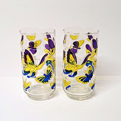 Vintage Libbey Butterfly Purple Blue Yellow Glass Tumblers Pair 14oz