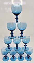 Set of 10 Vintage Empoli Italian Peacock Blue Wafer Stem Wine Goblets MCM 5″