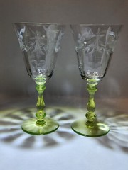 Vintage Vaseline Uranium Glass Stemmed Goblet 2 Etched GLOW UNDER BLACK LIGHT