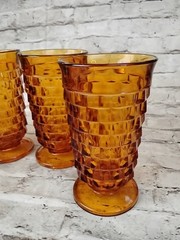 Indiana Whitehall Colony Cubist Amber Glass Footed Iced Tea Tumbler Set of 4 VTG