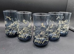 Vtg Bolero Blue Libbey 5¼» Glasses Set of 5 Glasses Dragonfly and Wheat