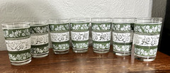 7 Vintage MCM Libbey Green & White Floral Pattern 4 oz Juice Glasses 3.5″ Tall