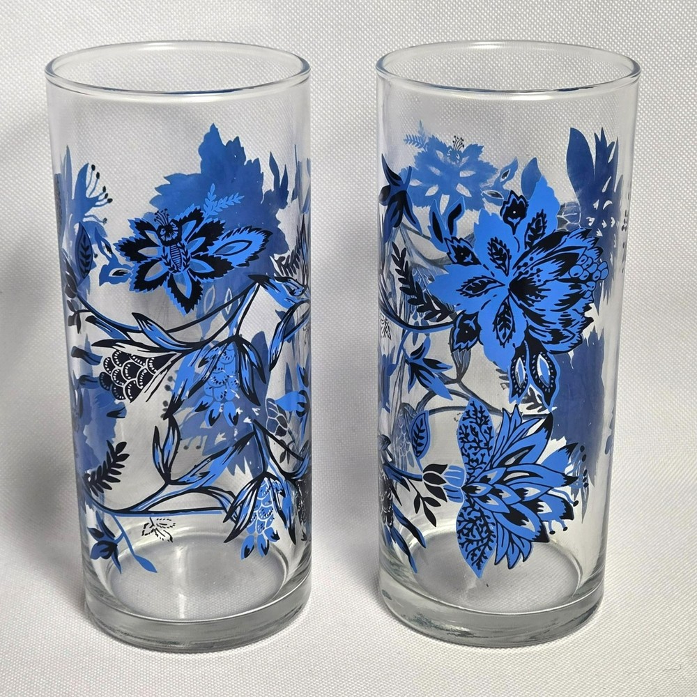 Royal Norfolk Blue Floral Drinking Glasses 6.5″ Tall Set of 2 Tumblers Highball