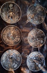 Set of 6 Etched Crystal Wine Glasses Floral Leaf
