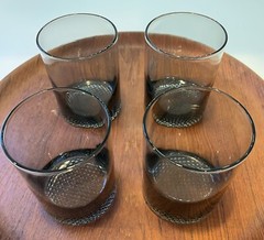 Vintage Mid Century Smoke Glass Double Old Fashioned Tumblers Leather Holders