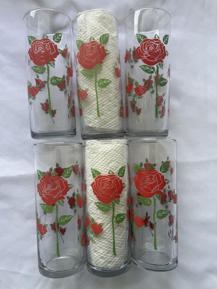 Vintage Anchor Hocking Glasses Tumbler Red Rose, Climbing Roses Set Of 6 MCM 6”H