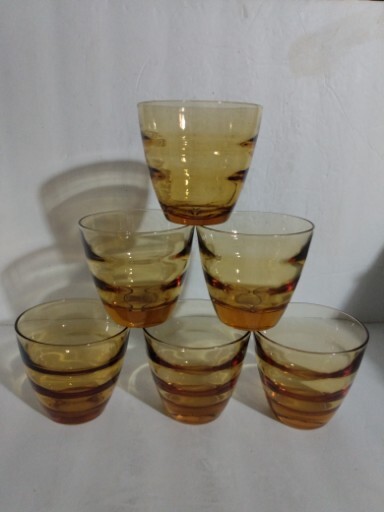 6 Vintage MCM Hazel Atlas WATERFALL Amber Vintage Cordial Juice Glasses Bee Hive