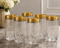 Set of 6 Elegant Gold Rim Etched Crystal Highball Glasses Vintage Style Barware