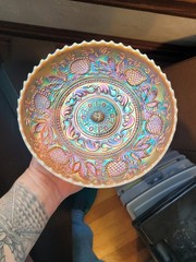 Points Cupped In Dugan Peach Opalescent Carnival Glass Fanciful Pattern Bowl