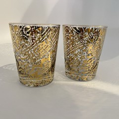 Vintage Hollywood Regency Gold Gilt Glasses MCM Cocktail Tumblers Pair
