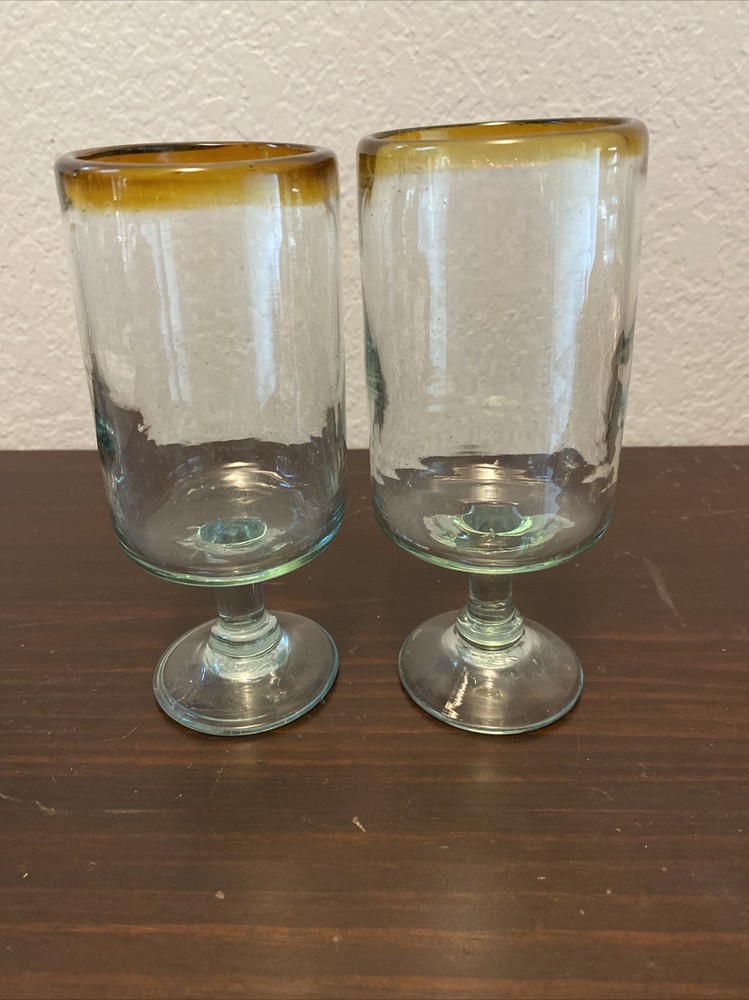 Set of 2 Mexican Hand Blown Wine Drink Glasses Brown Amber Rim 6”