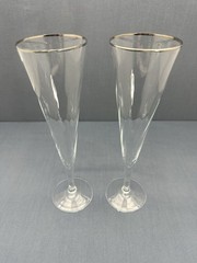 RALPH LAUREN Clear Crystal LATHAM PLATINUM Wave Glass CHAMPAGNE FLUTES Set of 2
