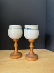Studio Art Pottery Ceramic/Wood Goblets Glasses Cups Pottery Stemmed Vtg Set/2