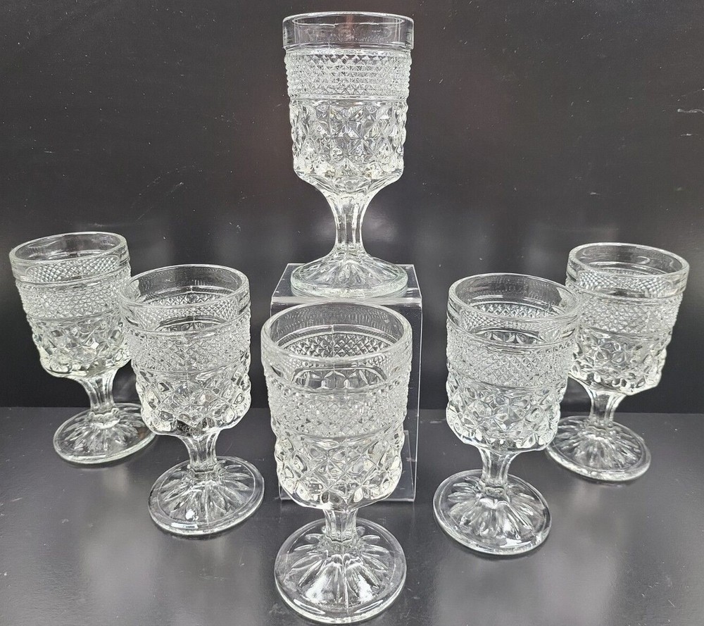 6 Anchor Hocking Wexford Claret Wine Glasses Set Vintage Clear Cut Etch Bar Lot