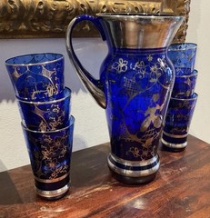 Gorgeous vintage Venetian or Murano-style cobalt blue lemonade/water set- Italy