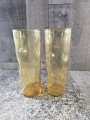 2 Tumblers Amber Pinch Dimple Thumbprint Seeded Textured MCM Drinking Glasses