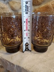 Vintage Amber Etched Floral Art Glass Drinking Glass 4.75”H – large set of 13