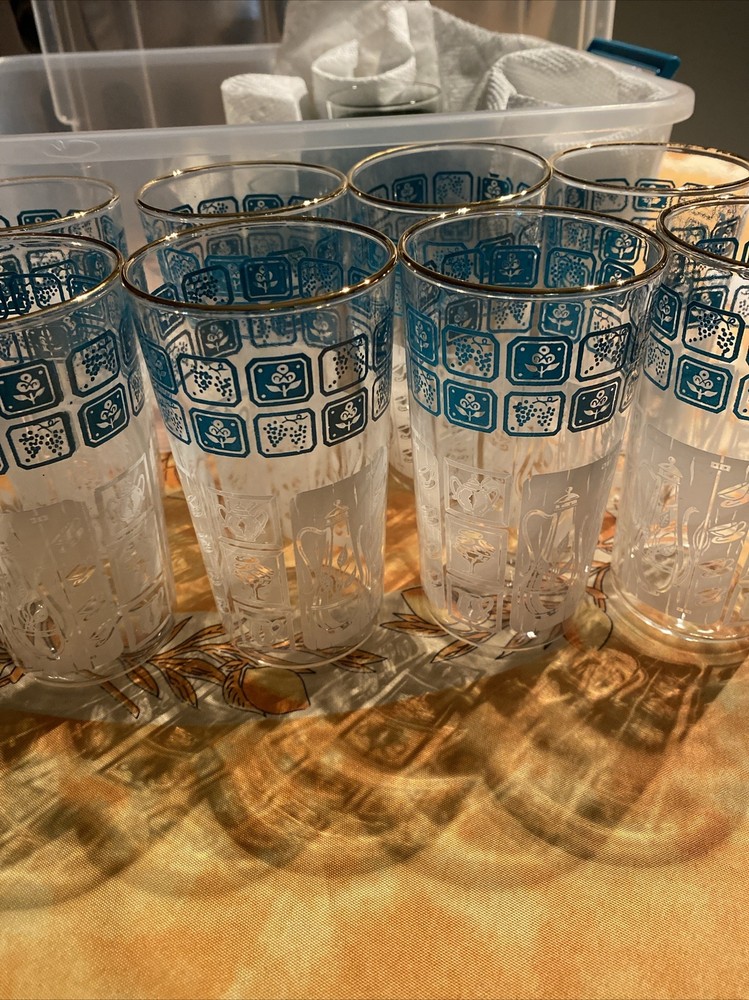 Vintage Anchor Hocking Blue & White Design Clear Glass Drinking Glasses Set of 8