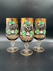Italian Venetian Smoky Glass Enameled Gold Accented Set of 3 Wine Glasses