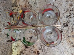 Vintage Hazel Atlas Pheasant /Setter Glass Barware Set 6 Tumblers With Holder
