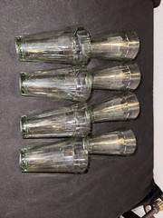 Mid Century Modern Set Of 8 Four Oz Cutting Chai Glasses & Metal Wire Caddy Wood