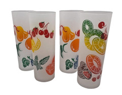 Frosted Fruit Tom Collins Glasses (4) Mid Century Barware Federal Glass