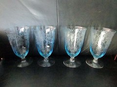 Rare Set of 4 Juice Glasses Fostoria Blue Meadow Rose Crystal or Footed Iced Tea