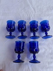 Vintage Indiana Glass Cobalt Blue Thumbprint/Kings Crown Goblets Set of 6 Mint