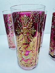 Set 4 Cranberry Pink Gold White Glass Highball Tumblers Folk Art Birds 5.75″H