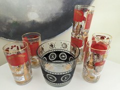 Vintage Jeannette Glasses, Lot of 9, Gold & Red Cocktail Recipe Barware MCM