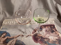 2 Handblown Cordial Glasses, Twist Stem & Green or Pink Bowl
